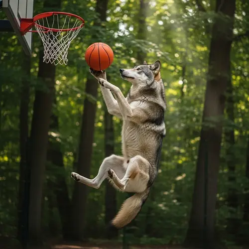 Grey Wolf Three-Pointer Basketball Shot in Scenic Forest