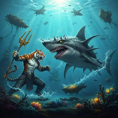Humanoid Tiger Battles Mutant Shark in Surreal Underwater Scene
