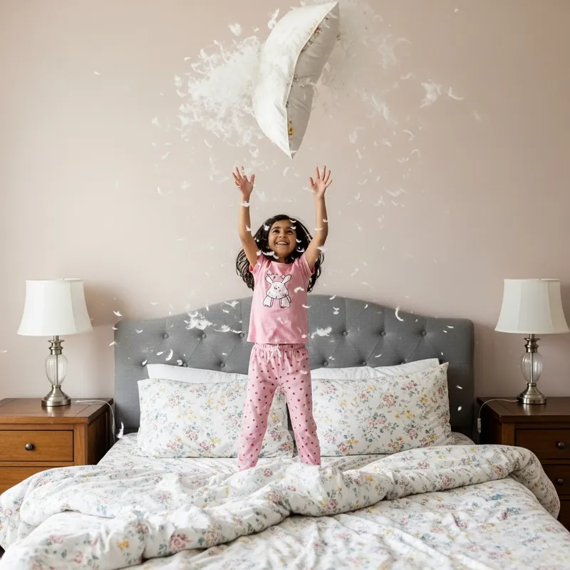 Joyful South Asian Girl in Pink Pajamas Leaping on Large Floral Bed