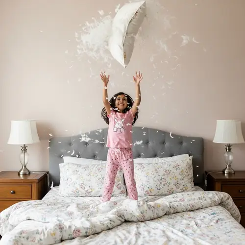 Young Girl in Pink Pajamas Playfully Leaping on Oversized Floral Bed