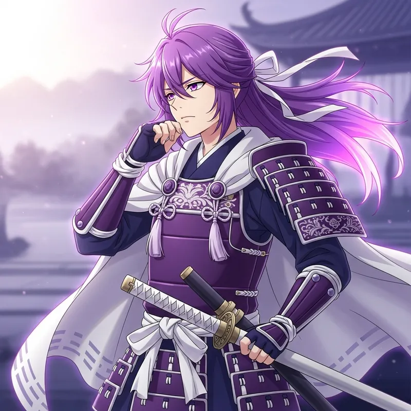 Anime Male Samurai with Long Purple Hair in Bright Edges