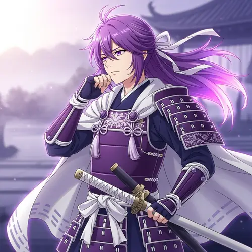 Anime Style Young Male Samurai with Purple and White Colors