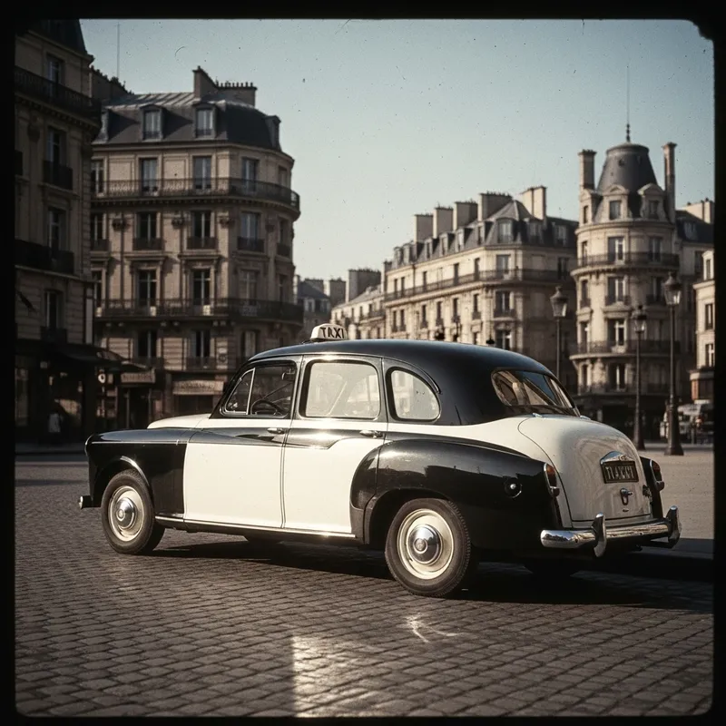 Retro Parisian Taxi on Cobbles Retro Parisian Taxi on Cobbles