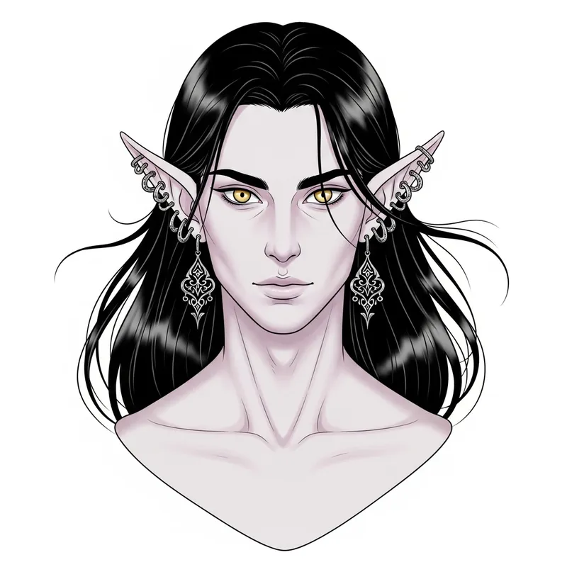 Captivating Ethereal Androgynous Elf Portrait - Enchanting Golden-Eyed Pale Elf with Flowing Black Hair