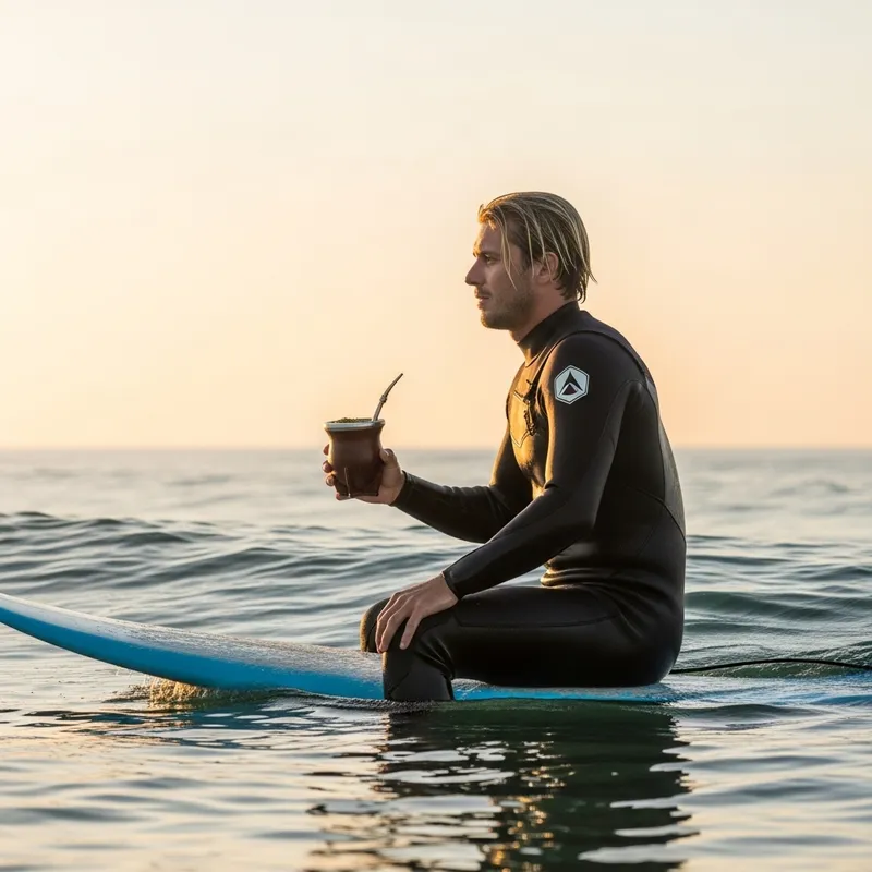 Blond Surfer Enjoying Yerba Mate on the Beach