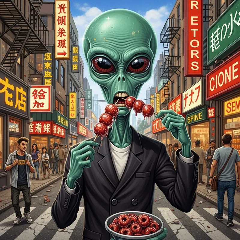 Extraterrestrial Enjoying Candied Hawthorns in Cityscape | Vibrant Sci-Fi Art