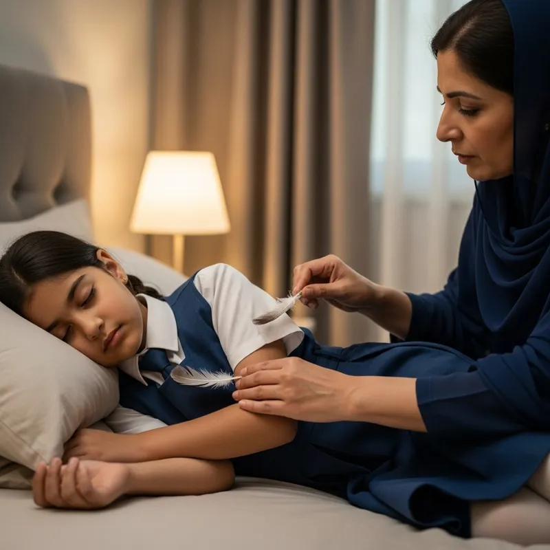 Peaceful Scene: Sleeping South Asian Girl in Cozy Bedroom