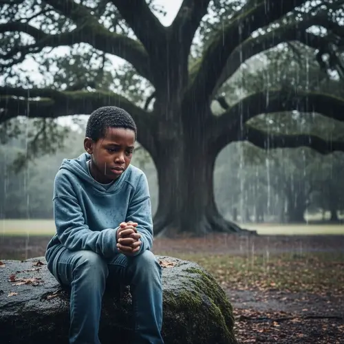 Emotional Black Boy in Rainy Nature Scene