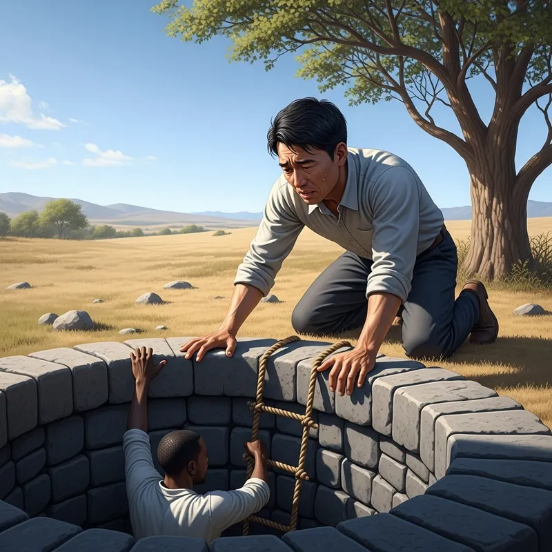 Man Saving Another in Well Rescue Scene
