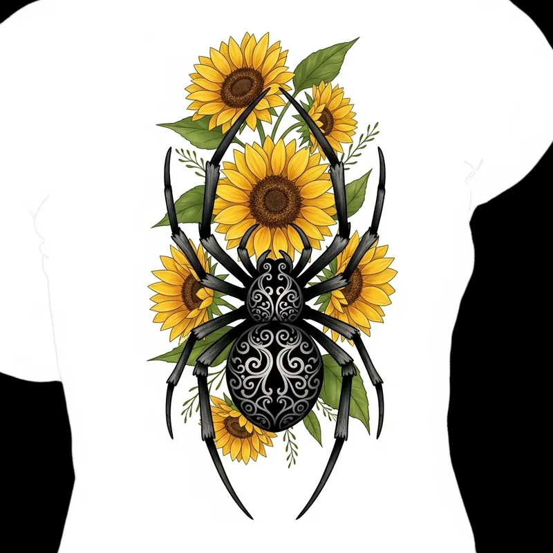 Gothic Spider and Sunflowers Tattoo Design