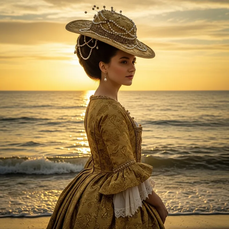 Captivating Baroque Portrait of a Radiant Woman Mesmerized by the Sea Captivating Baroque Portrait of a Radiant Woman Mesmerized by the Sea