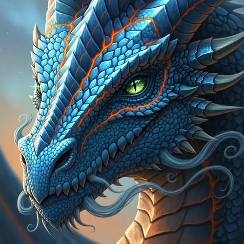 Blue Dragon Portrait with Orange Veins and Green-Golden Eyes