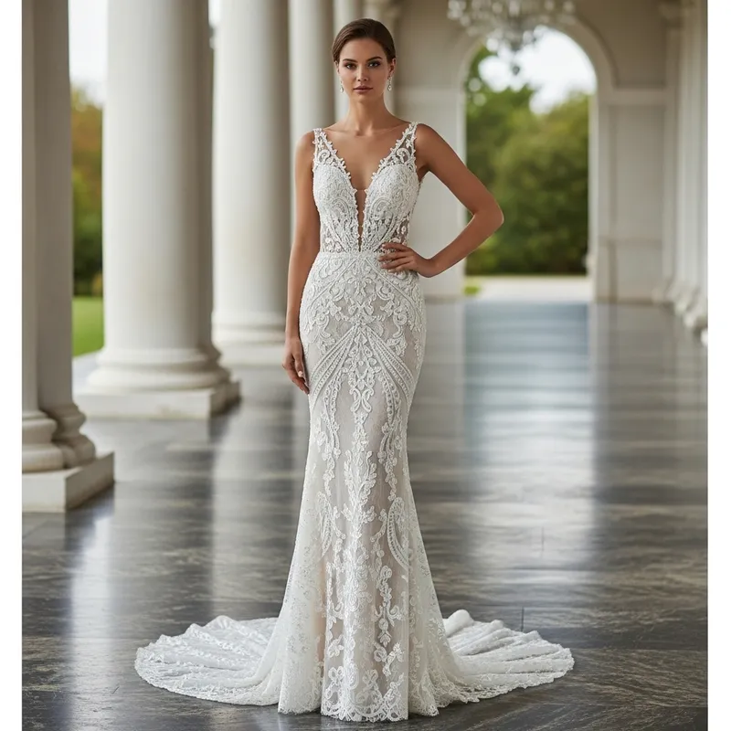 Innovative Wedding Dress with Sheer Lace and Clear Beadwork