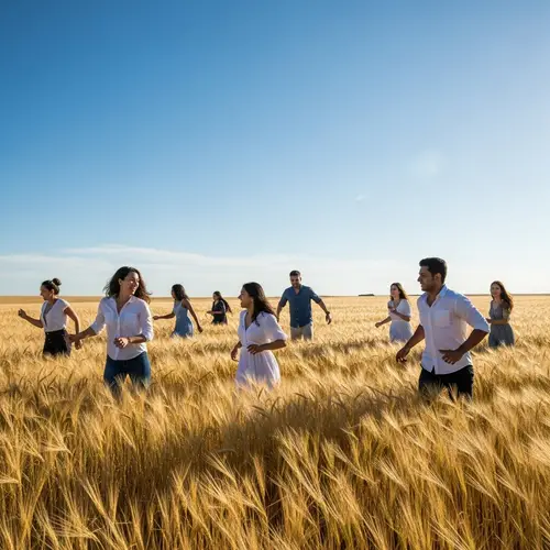 Diverse People Running in Endless Grain Field Under Sunny Sky