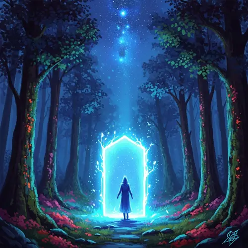 Mystic Forest Glade with Radiant Blue Portal | Fantasy Scene