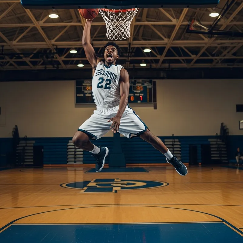 Powerful African American Basketball Dunk in High School Gym