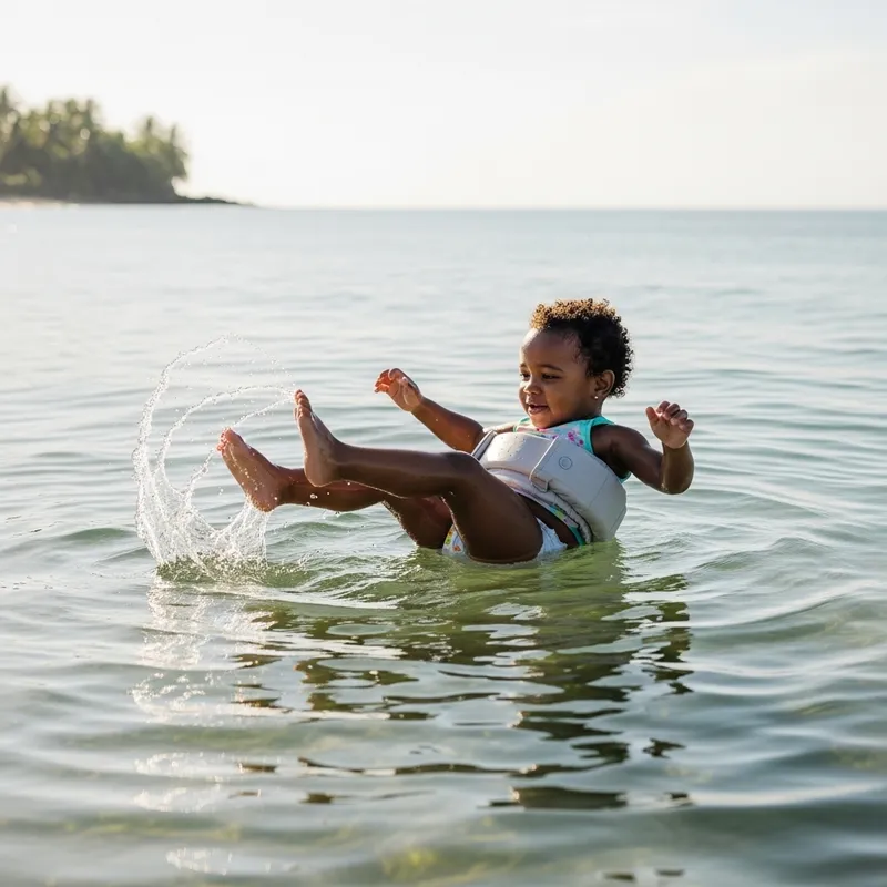 Joyful Black Toddler Girl Floating in Oversized Water-Resistant Diaper Joyful Black Toddler Girl Floating in Oversized Water-Resistant Diaper