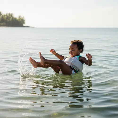 Black Toddler Girl Floating on Tranquil Ocean