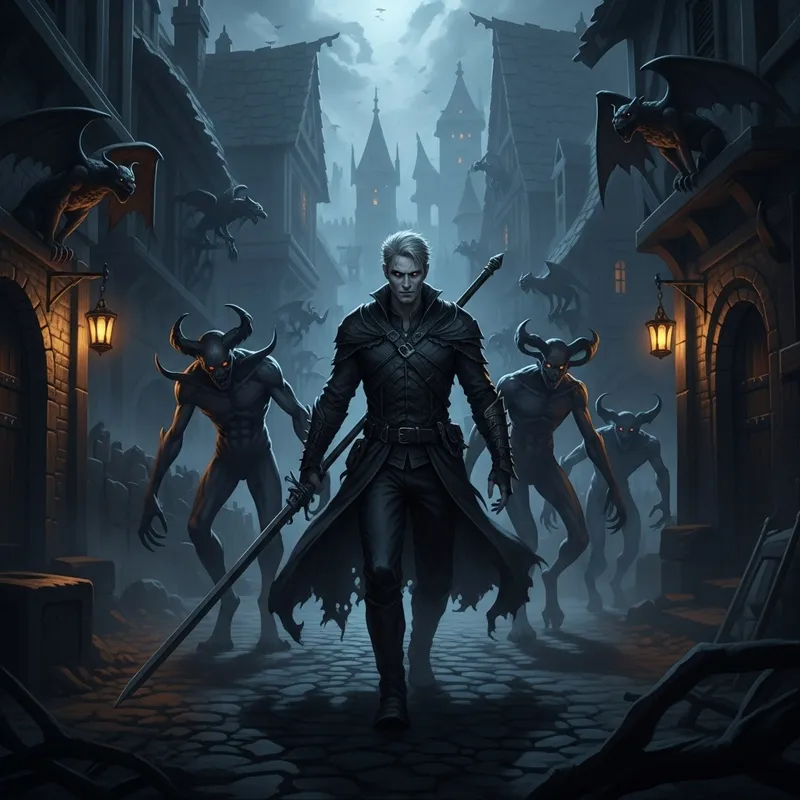 Sinister Man Surrounded by Demons in Ancient Town