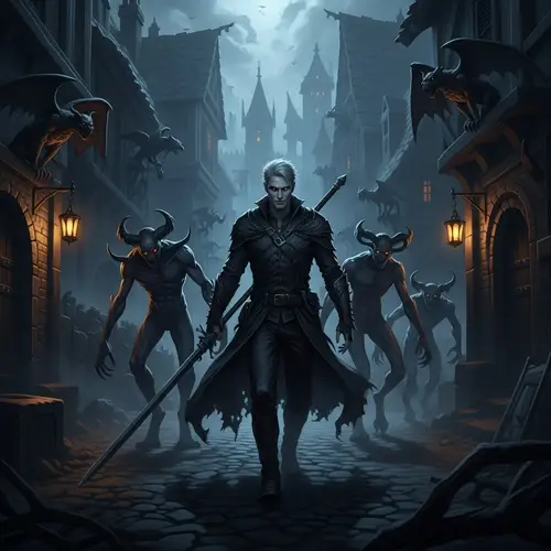 Dark Gothic Scene: Ominous Man & Otherworldly Entities in Archaic Town