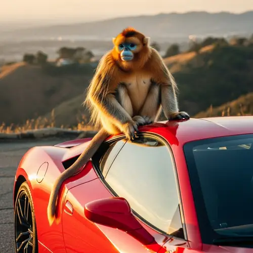 Golden Monkey Sitting on Luxurious Red Sports Car