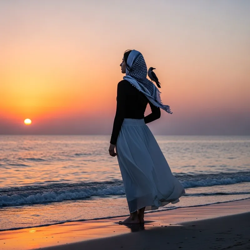 Girl By the Sea in Black and White Outfit with Bird