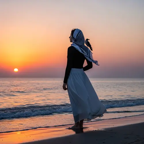 Middle-Eastern Girl by the Sea in Black and White Outfit