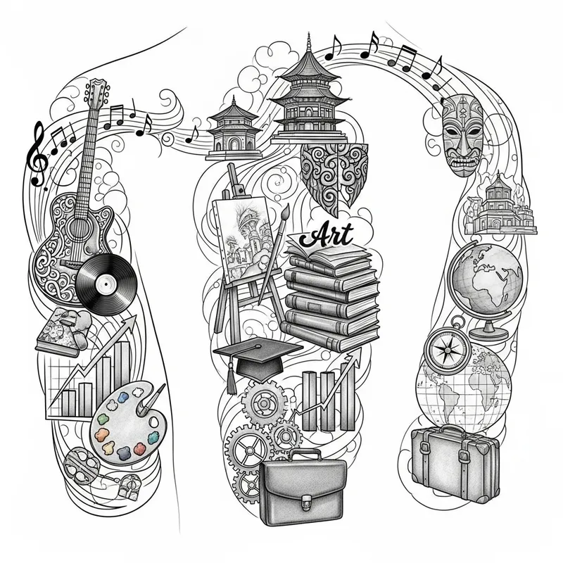 Intricate Life Celebration Tattoo Design - Music, Culture, Art, Education, Business, Travel