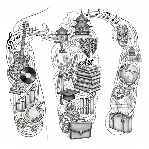 Intricate Life Celebration Tattoo Design - Music, Culture, Art, Education, Business, Travel