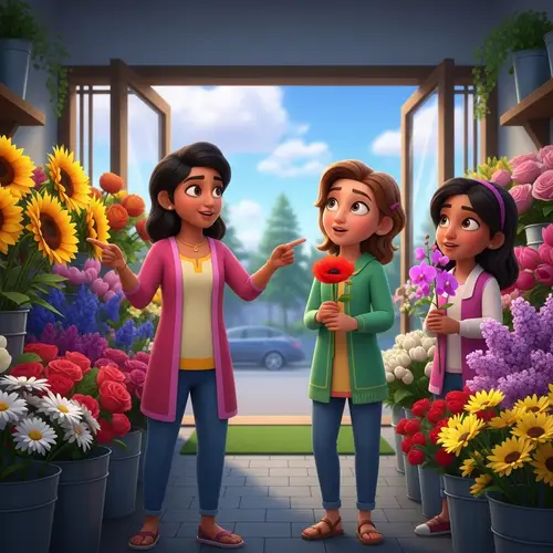 Animated South Asian Girl Pointing at Sunflower in Flower Shop