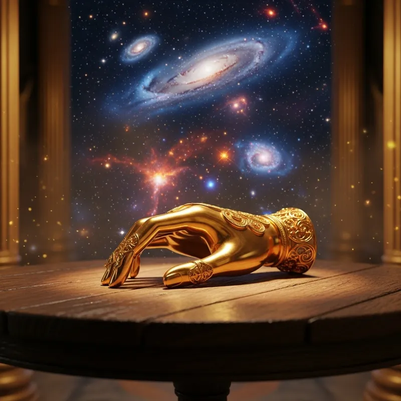 Closeup of a Golden Hand on a Wooden Table