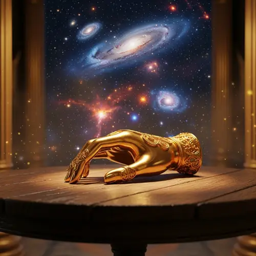 Closeup of a Golden Hand on a Wooden Table