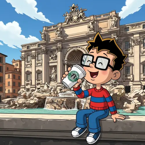Cheerful Boy Enjoying Coffee at Trevi Fountain