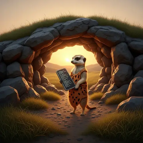 Meerkat Caveman Learns to Code: Mystical Sunrise Scene