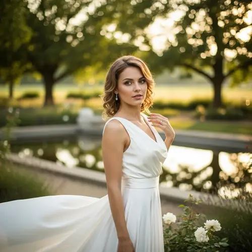 Elegant Caucasian Woman in White Silk Dress | Serene Beauty