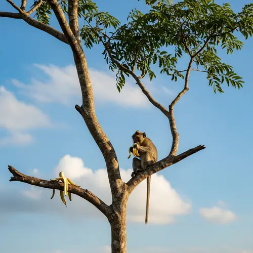 Lone Monkey Enjoying Banana on Tall Tree | Peaceful Scene
