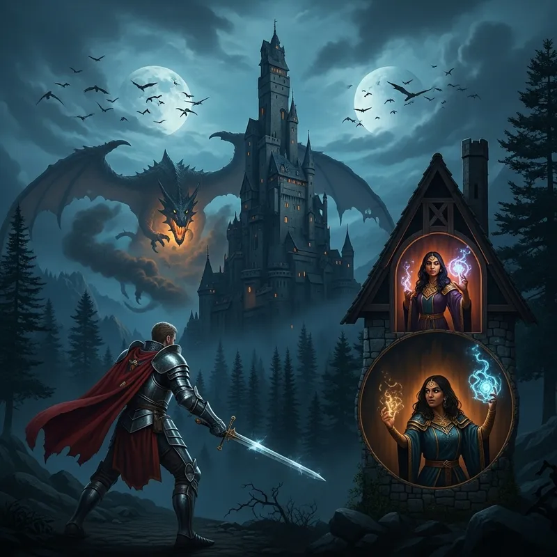 Dark Fantasy Castle: Knight vs Dragon, Woman Magician in Twilight Realm