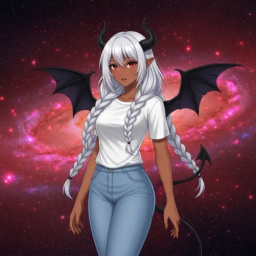 Anime Girl with White Hair and Red Eyes | Brown Skin Demon Character