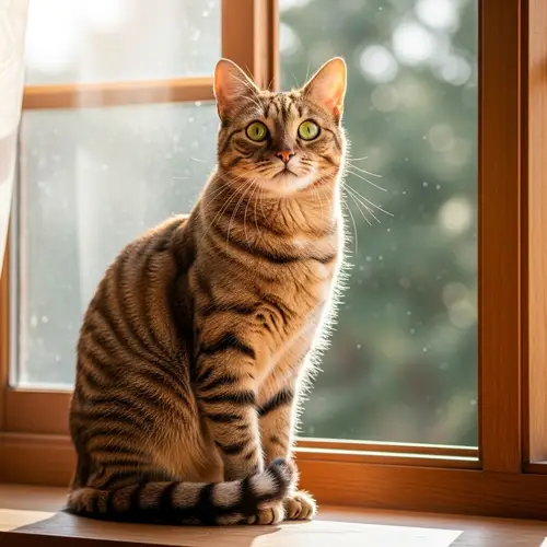 Tabby Cat Sitting on Windowsill | Green Eyes | Domestic Cat