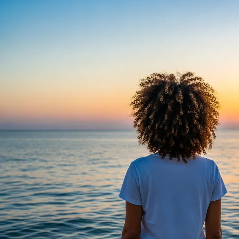 Brunette Woman with Afro Hair by the Sea