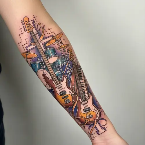 Vibrant Thin Line Tattoo of Musical Instruments