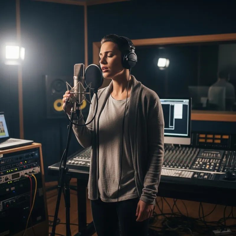 Professional Singer with Microphone in Recording Studio