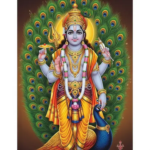 Divine Lord Subramanya - Majestic Deity on Peacock | Traditional Indian Art