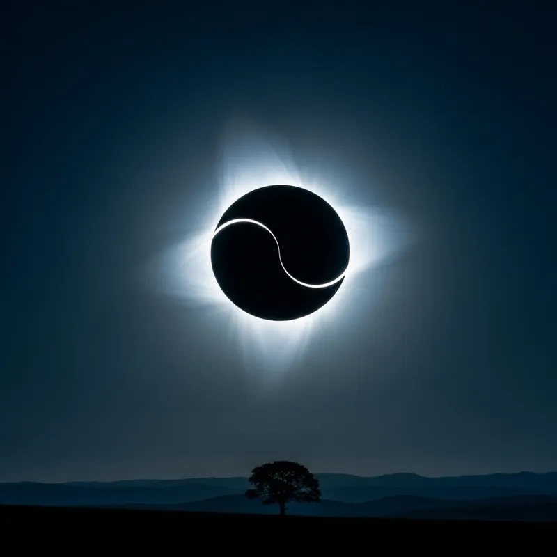 Majestic Solar Eclipse with Radiant Halo over Rolling Hills