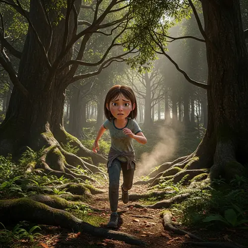3D Picture of a Worried But Determined 12-Year-Old Girl Running Through Forest