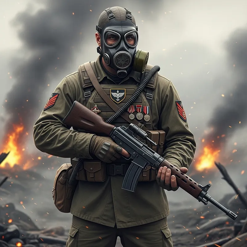 Warrior Officer on Battlefield - Courage in a Gas Mask