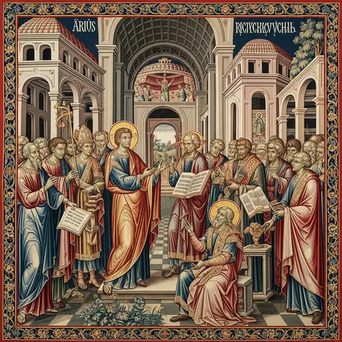 Elaborate Medieval Religious Tapestry: Arius Teaching Heresy