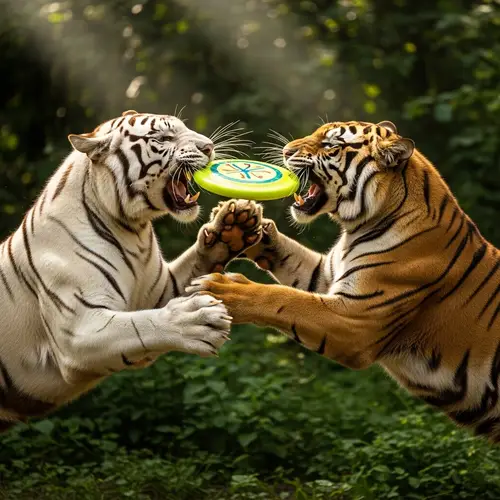 White and Brown Tigers Playful Frisbee Battle