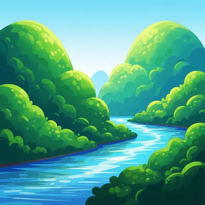 Verdant Hills and Shimmering River | Cartoon Landscape Verdant Hills and Shimmering River | Cartoon Landscape