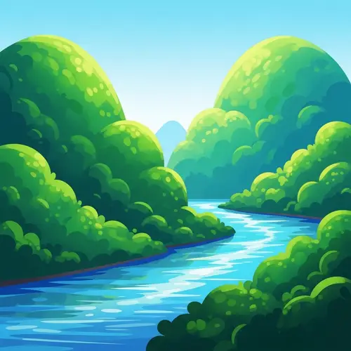 Serene River Landscape between Two Hills | Cartoon Image